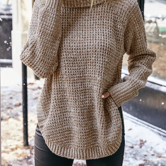 Sweaters - Khaki Casual Women's Turtleneck Raglan Sleeve Sweater